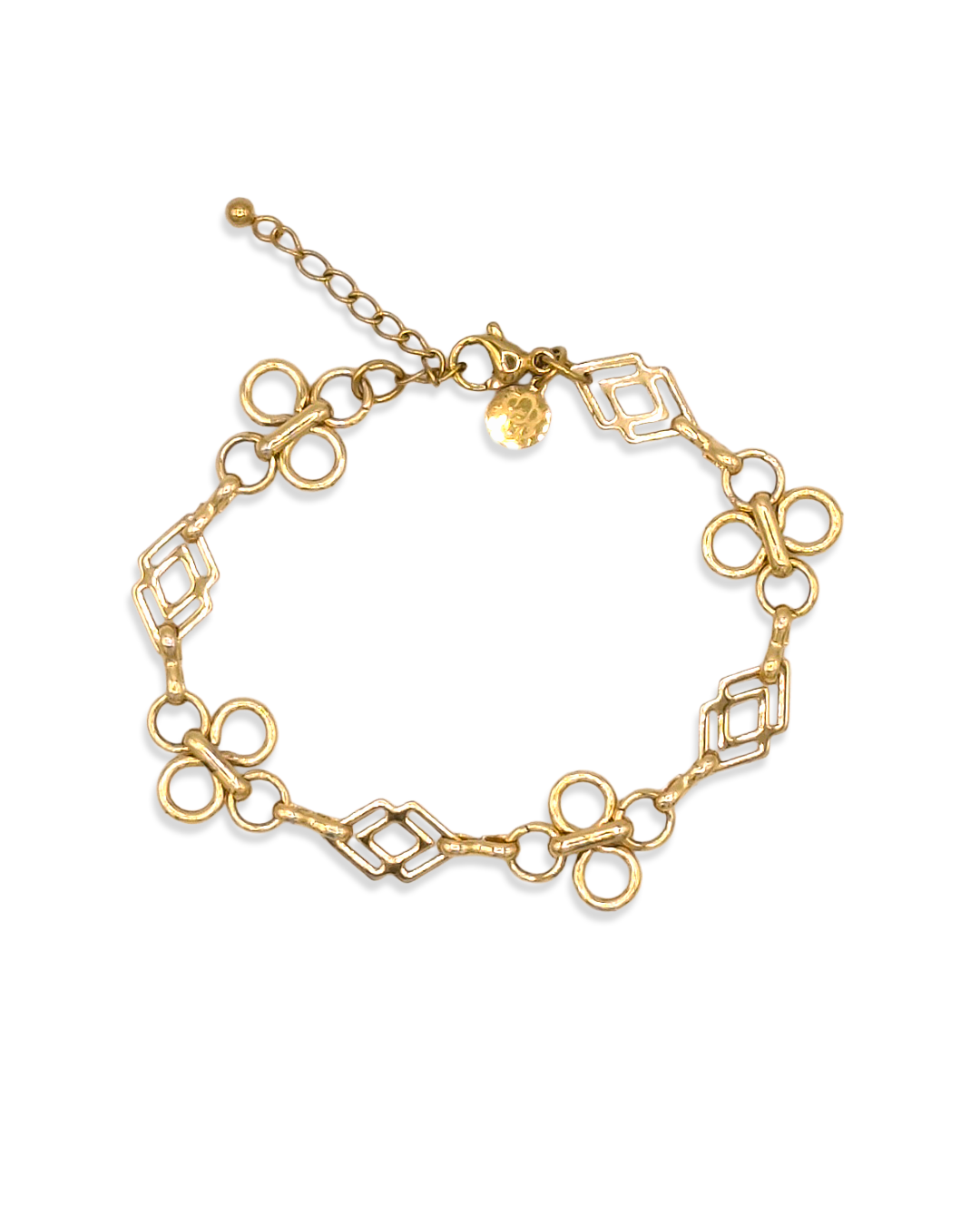 Fleurette Armband in goud met open bloemmotieven en ruitvormige schakels