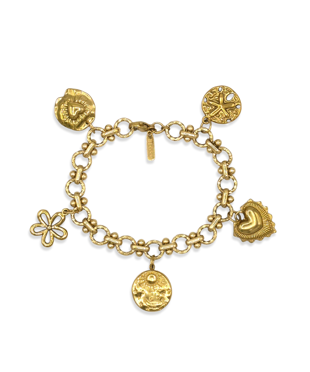 Gouden Coquette bedelarmband met bewerkte ronde schakels en vijf vaste bedels