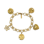 Gouden Coquette bedelarmband met bewerkte ronde schakels en vijf vaste bedels
